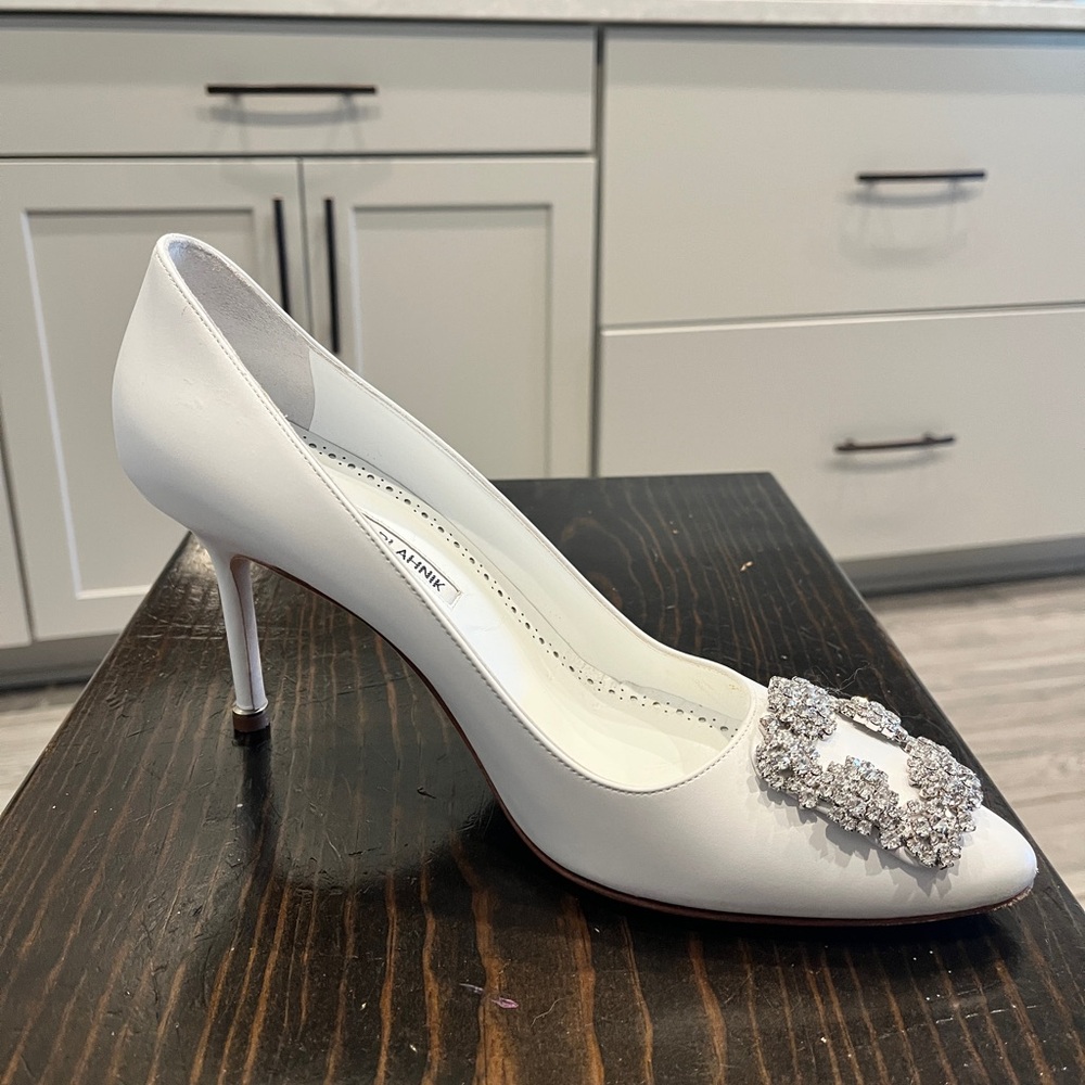 Manolo Blahnik Hangisi Jewel Buckle Leather White Heels